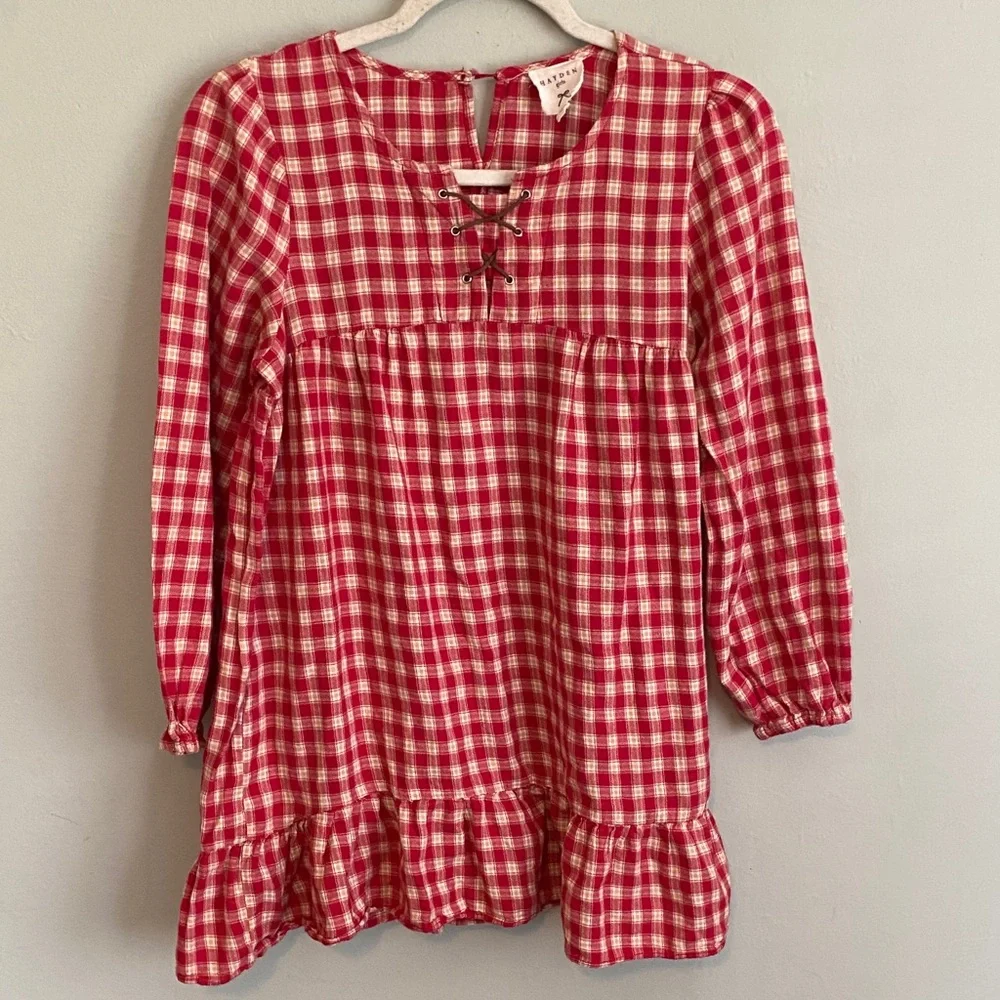 Hayden Girl’s Red and White Plaid Long Sleeve Mini Dress Size 13/14